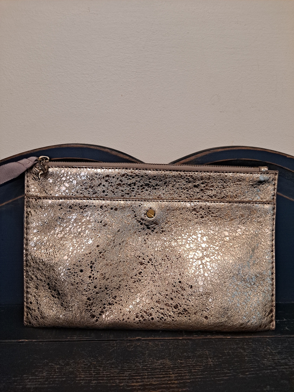 J. Crew Metallic Gold Speckled Animal Print Italian Leather Zip Pouch Clutch